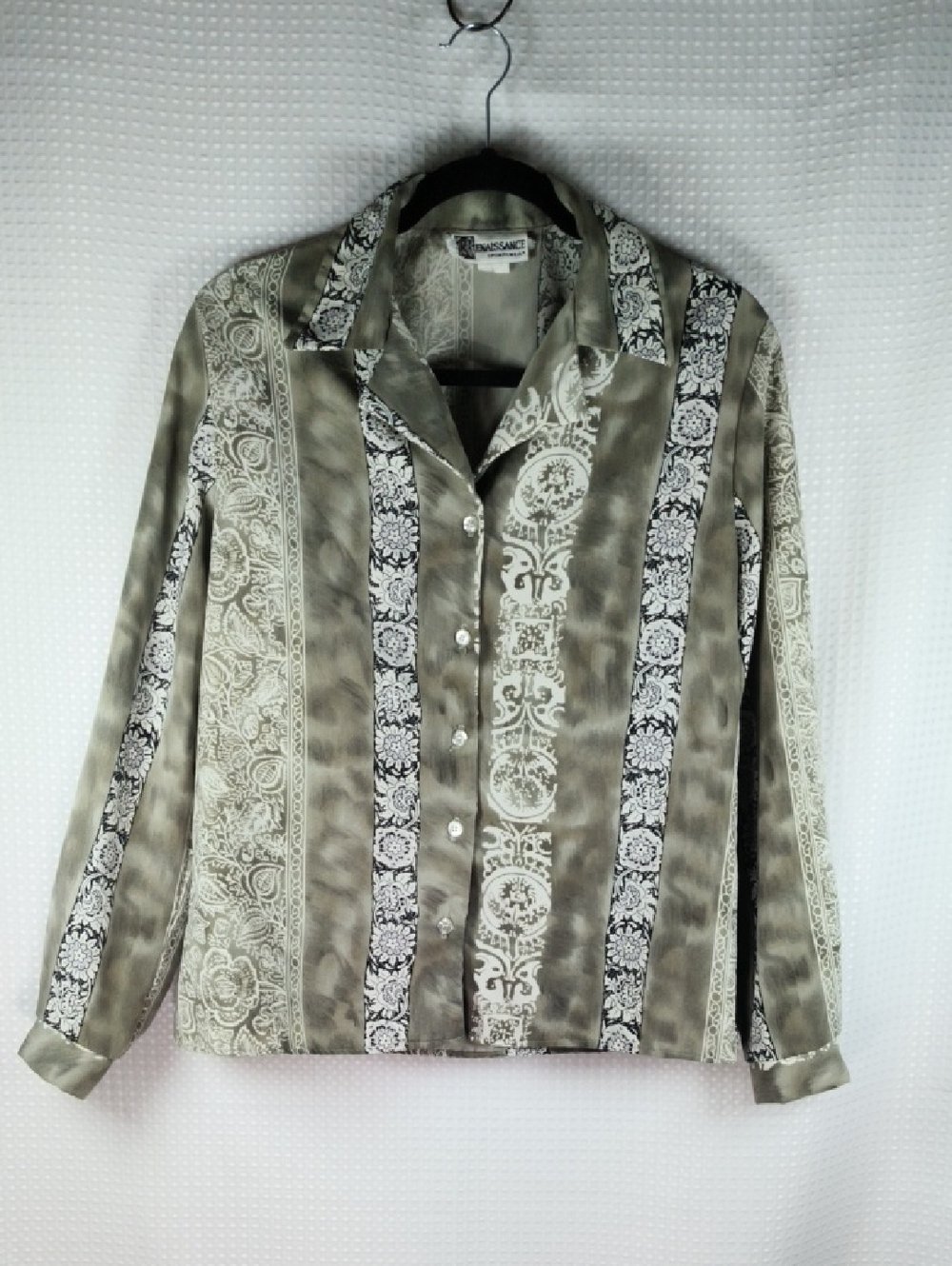 Vintage Renaissance Sportswear Scarf Print Blouse Olive Green Dark Academia
